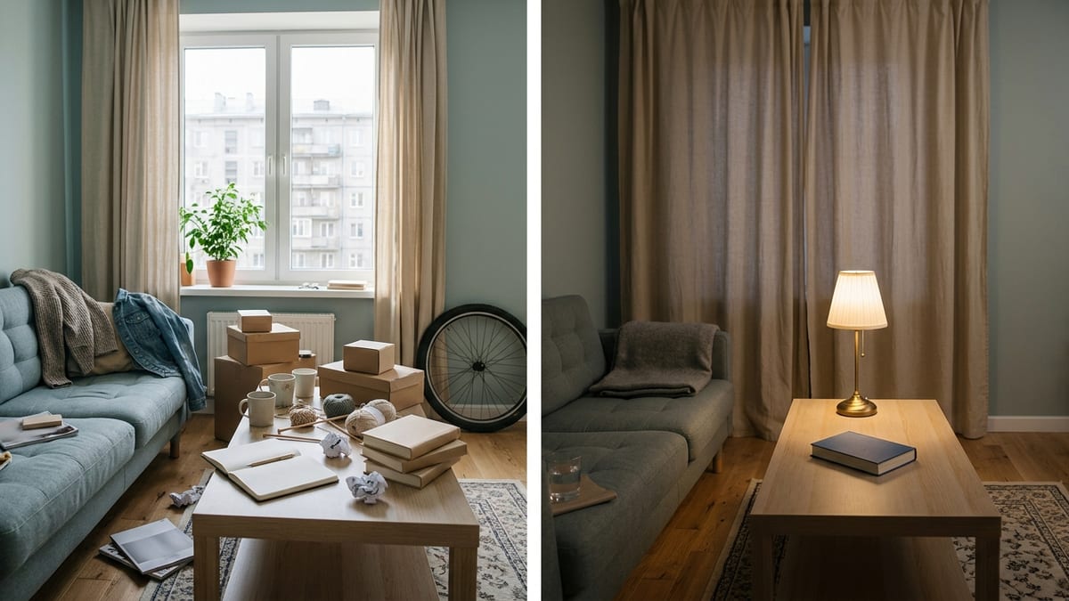 Одна и та же гостиная в двух состояниях: слева яркий беспорядок начатых дел, справа сумерки и задёрнутые шторы